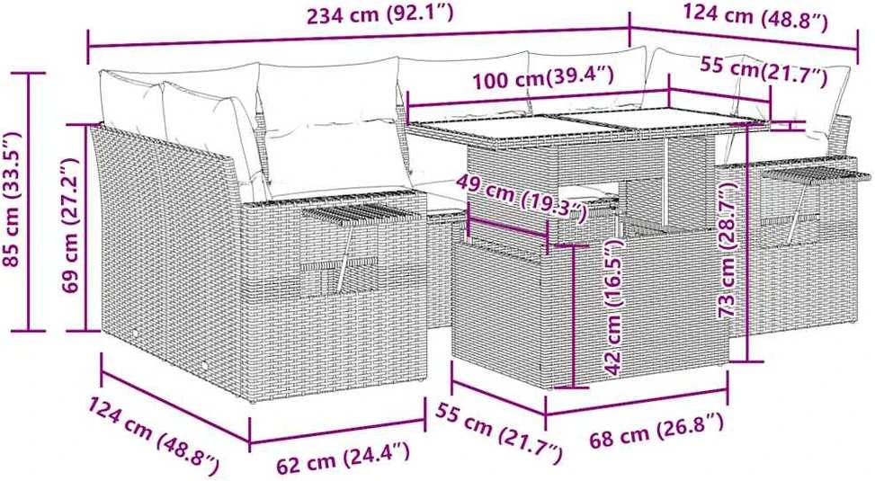 Lauko baldų komplektas Sofos komplektas su pagalvėlėmis, 7 dalių, smėlio, poliratanas
