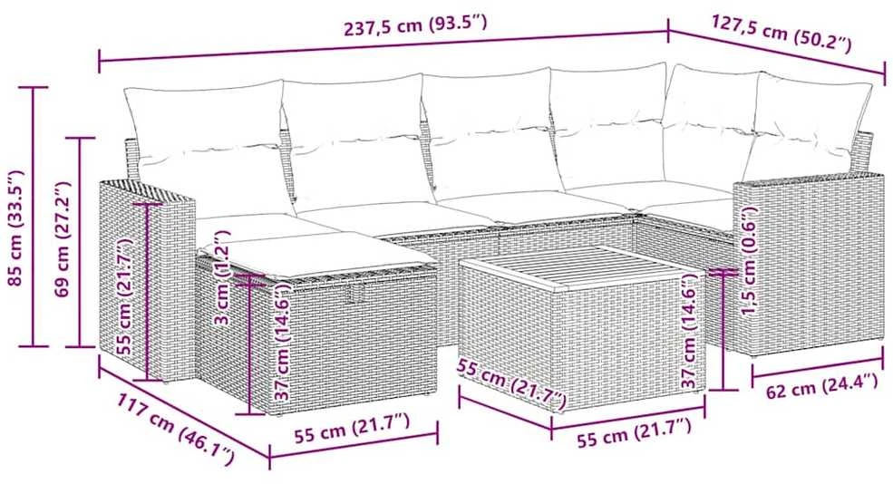 Lauko baldų komplektas Sofos komplektas su pagalvėlėmis, 7 dalių, pilkas, poliratanas