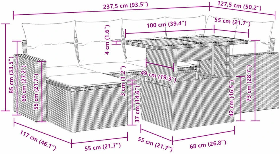 Lauko baldų komplektas Sofos komplektas su pagalvėlėmis, 7 dalių, juodas, poliratanas