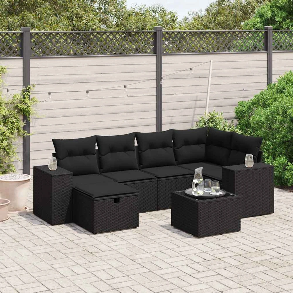 Sofa Sofos komplektas su pagalvėlėmis, 7 dalių, juodas, poliratanas