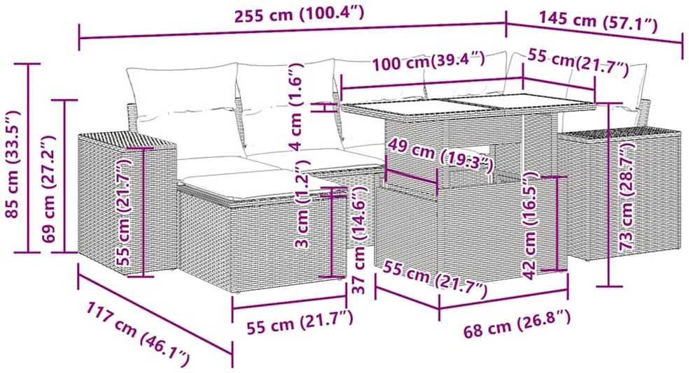 Lauko baldų komplektas Sofos komplektas su pagalvėlėmis, 7 dalių, juodas, poliratanas