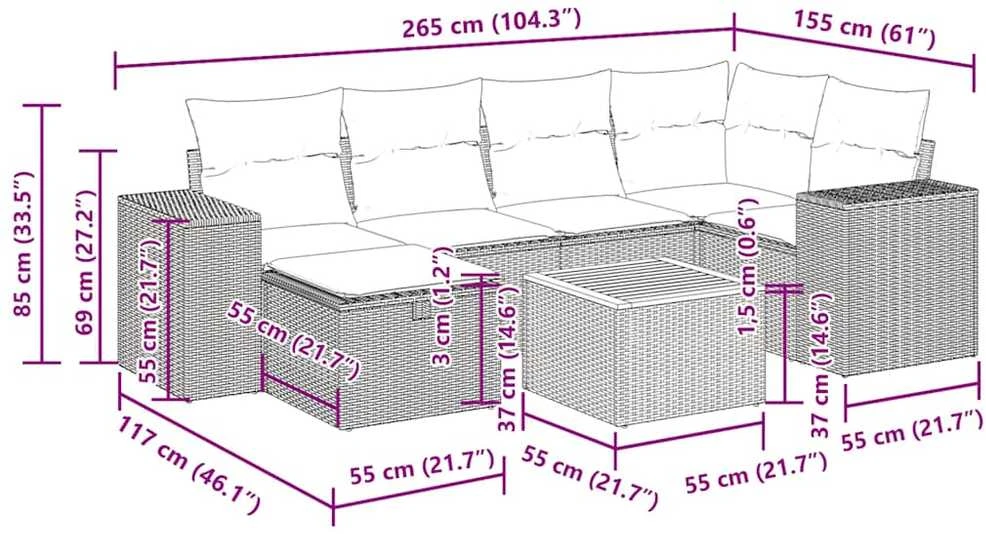 Lauko baldų komplektas Sofos komplektas su pagalvėlėmis, 7 dalių, smėlio, poliratanas