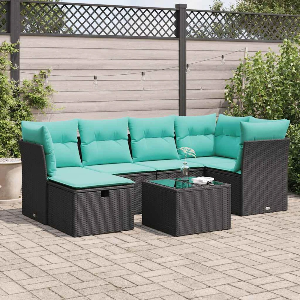 Sofos komplektas su pagalvėlėmis, 7 dalių, juodas, poliratanas