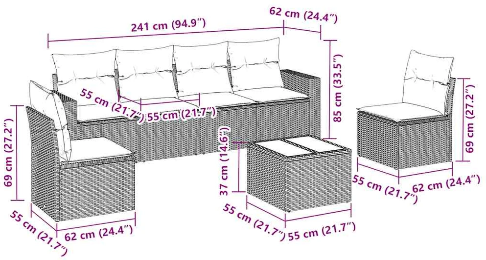 Sofos komplektas su pagalvėlėmis, 7 dalių, juodas, poliratanas