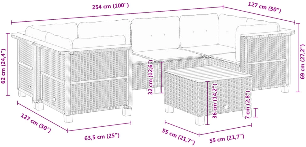 Lauko baldų komplektas Sofos komplektas su pagalvėlėmis, 7 dalių, juodas, poliratanas