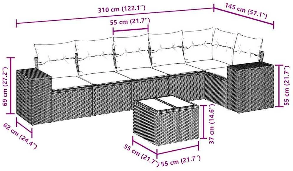 Sofa Sofos komplektas su pagalvėlėmis, 7 dalių, pilkas, poliratanas