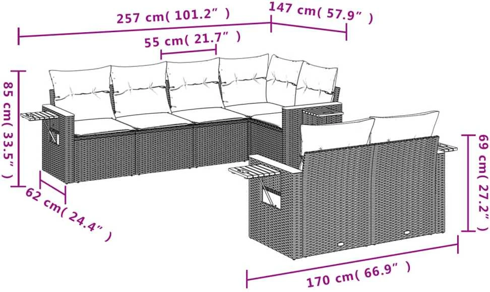 Lauko baldų komplektas Sofos komplektas su pagalvėlėmis, 7 dalių, juodas, poliratanas