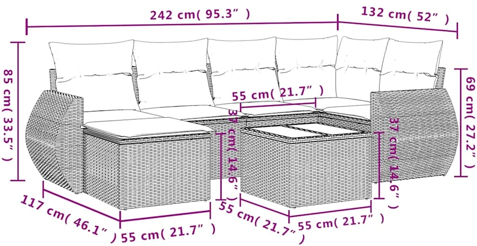 Sofa Sofos komplektas su pagalvėlėmis, 7 dalių, pilkas, poliratanas