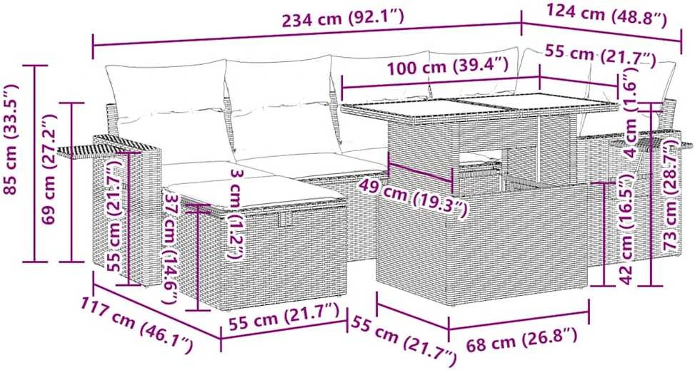 Lauko baldų komplektas Sofos komplektas su pagalvėlėmis, 7 dalių, smėlio, poliratanas