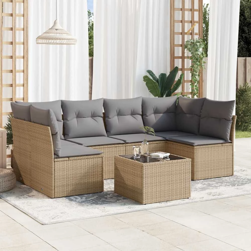 Sofa Sofos komplektas su pagalvėlėmis, 7 dalių, smėlio, poliratanas