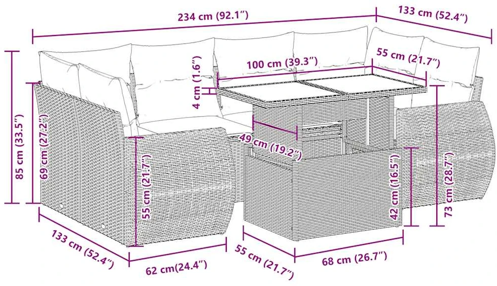 Lauko baldų komplektas Sofos komplektas su pagalvėlėmis, 7 dalių, juodas, poliratanas