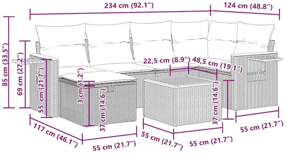 Lauko baldų komplektas Sofos komplektas su pagalvėlėmis, 7 dalių, juodas, poliratanas