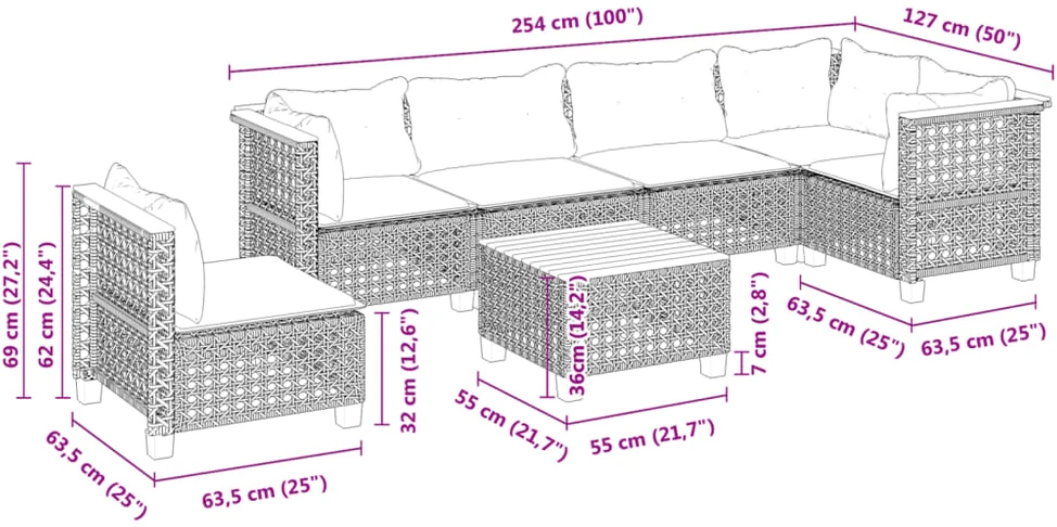 Lauko baldų komplektas Sofos komplektas su pagalvėlėmis, 7 dalių, juodas, poliratanas