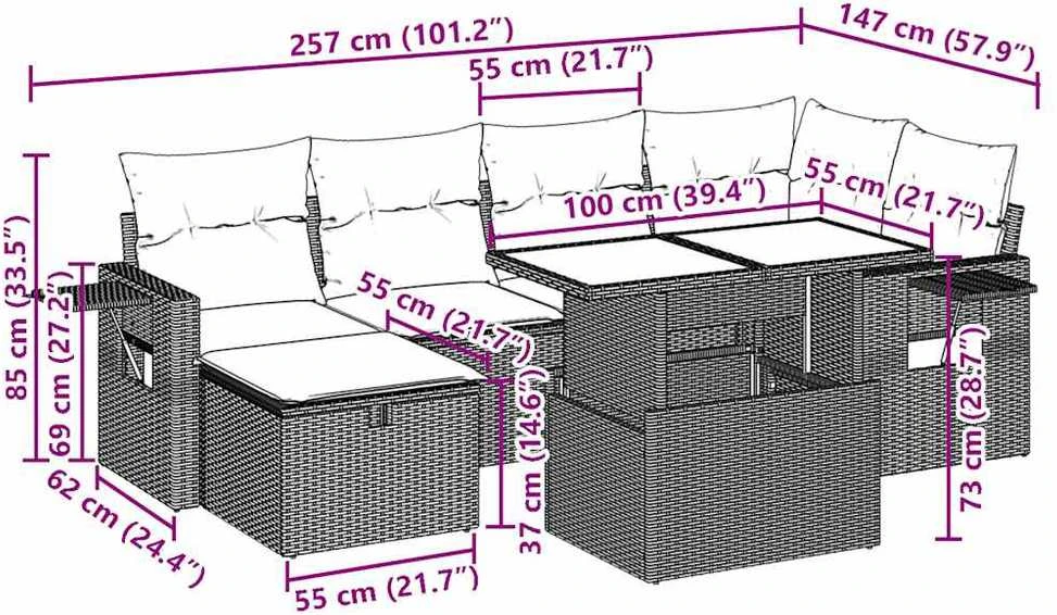 Sofa Sofos komplektas su pagalvėlėmis, 7 dalių, pilkas, poliratanas