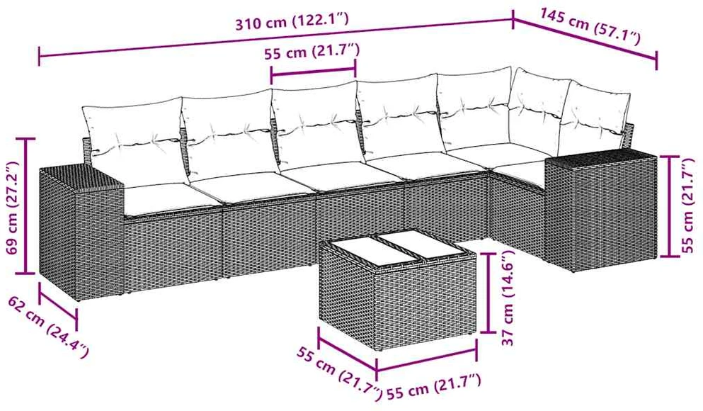 Sofa Sofos komplektas su pagalvėlėmis, 7 dalių, pilkas, poliratanas
