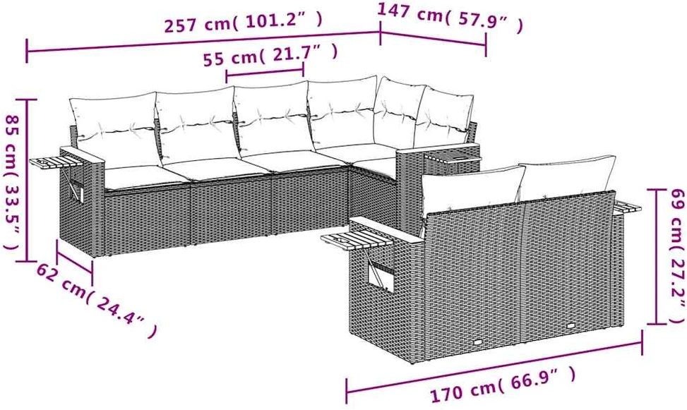 Lauko baldų komplektas Sofos komplektas su pagalvėlėmis, 7 dalių, juodas, poliratanas