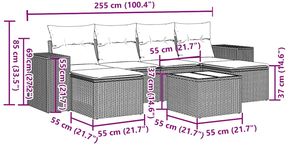 Sofa Sofos komplektas su pagalvėlėmis, 7 dalių, pilkas, poliratanas