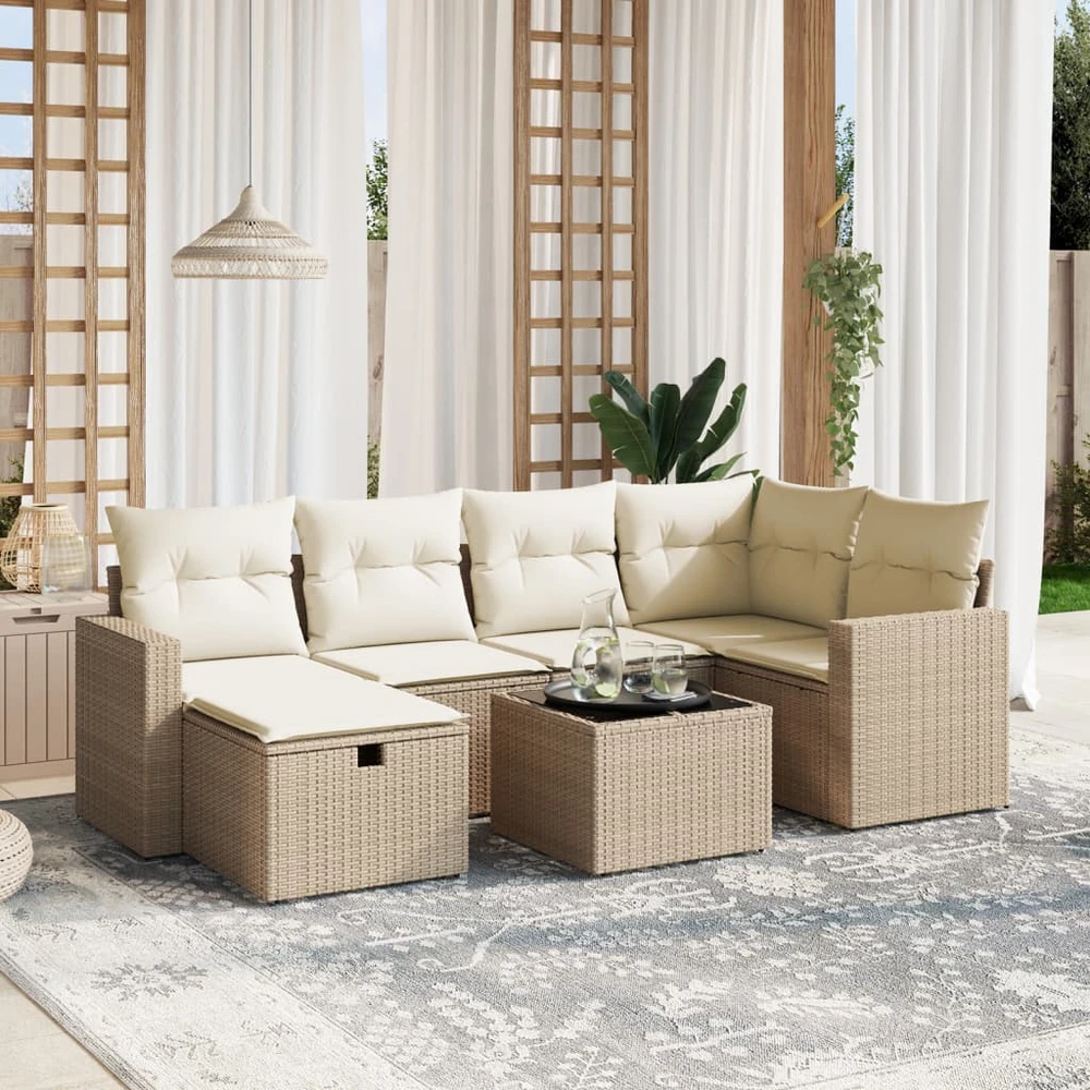 Sofa Sofos komplektas su pagalvėlėmis, 7 dalių, smėlio, poliratanas