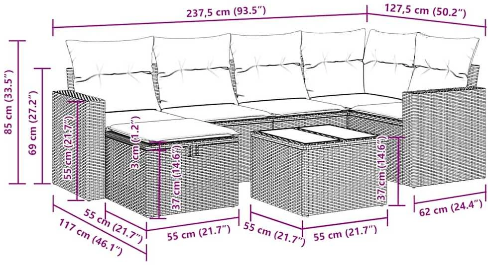 Lauko baldų komplektas Sofos komplektas su pagalvėlėmis, 7 dalių, pilkas, poliratanas