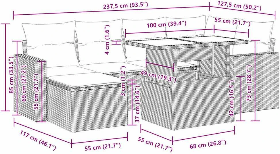 Lauko baldų komplektas Sofos komplektas su pagalvėlėmis, 7 dalių, rudas, poliratanas