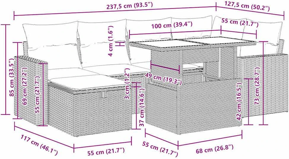 Lauko baldų komplektas Sofos komplektas su pagalvėlėmis, 7 dalių, juodas, poliratanas