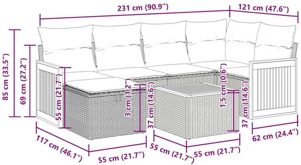 Lauko baldų komplektas Sofos komplektas su pagalvėlėmis, 7 dalių, pilkas, poliratanas