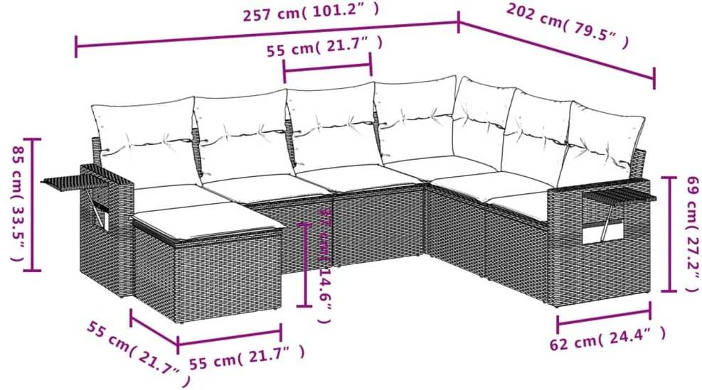 Lauko baldų komplektas Sofos komplektas su pagalvėlėmis, 7 dalių, smėlio, poliratanas