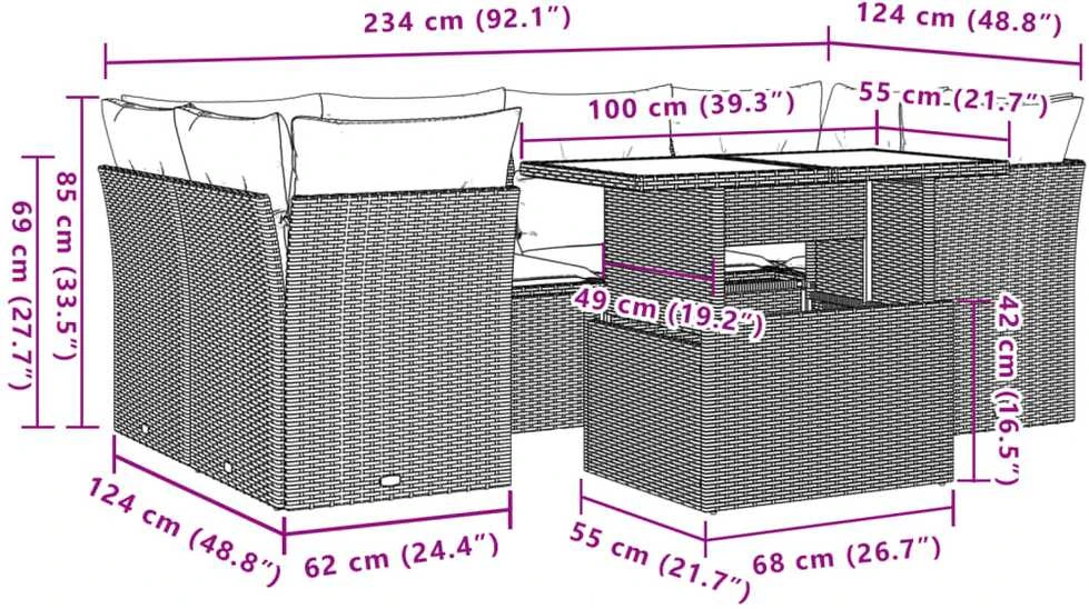 Lauko baldų komplektas Sofos komplektas su pagalvėlėmis, 7 dalių, pilkas, poliratanas
