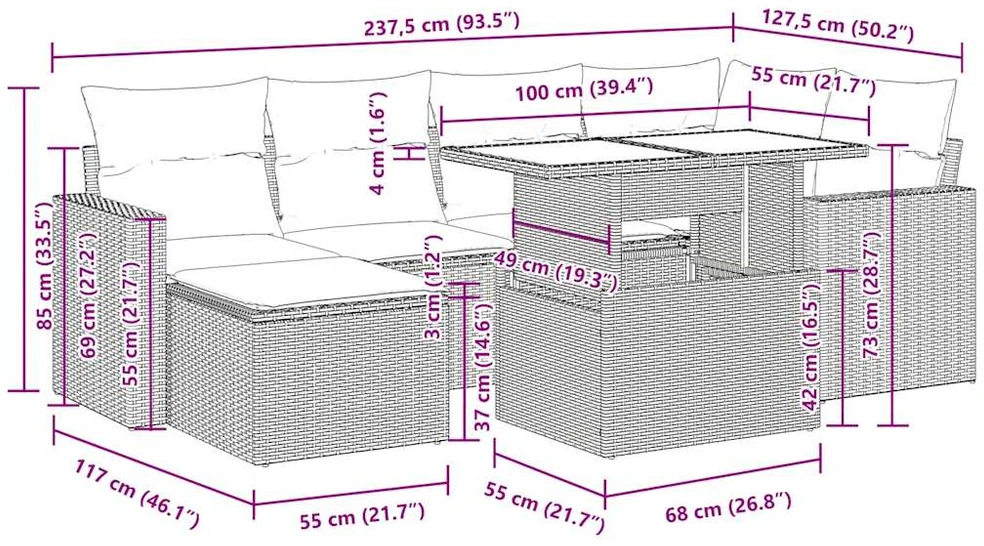 Lauko baldų komplektas Sofos komplektas su pagalvėlėmis, 7 dalių, pilkas, poliratanas