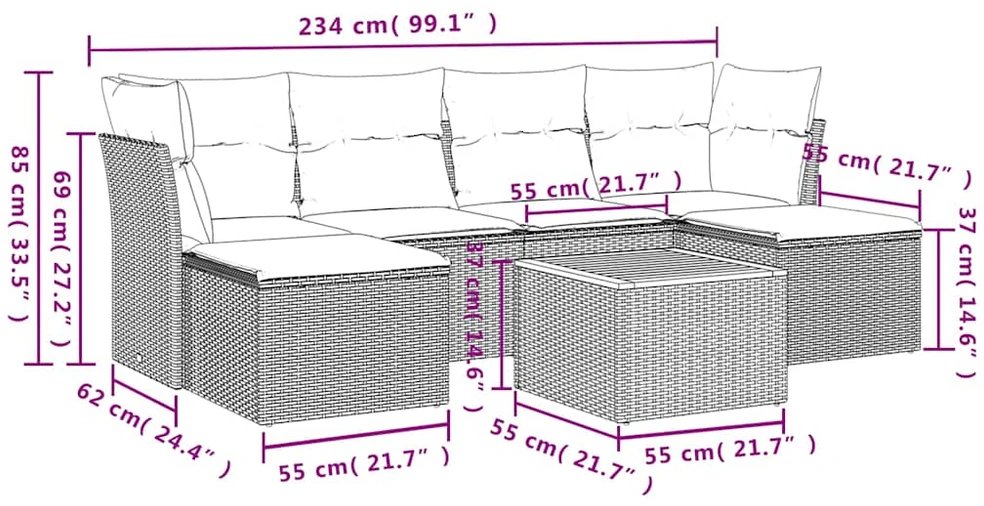 Sofos komplektas su pagalvėlėmis, 7 dalių, juodas, poliratanas