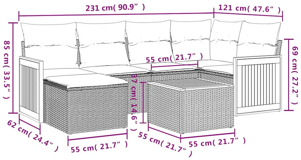 Lauko baldų komplektas Sofos komplektas su pagalvėlėmis, 7 dalių, juodas, poliratanas