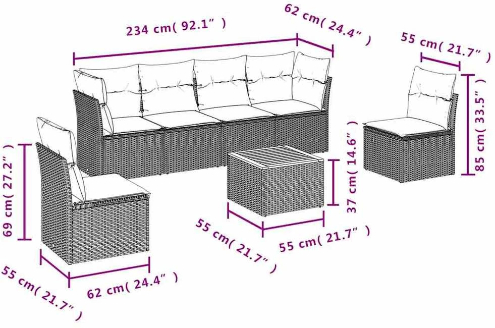 Lauko baldų komplektas Sofos komplektas su pagalvėlėmis, 7 dalių, pilkas, poliratanas