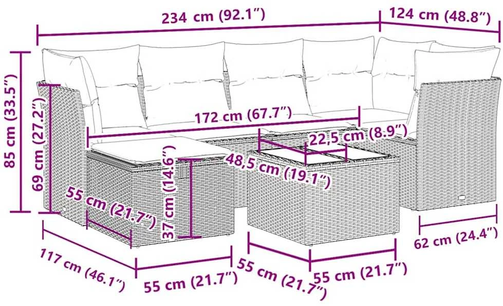 Lauko baldų komplektas Sofos komplektas su pagalvėlėmis, 7 dalių, pilkas, poliratanas