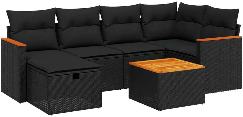 Lauko baldų komplektas Sofos komplektas su pagalvėlėmis, 7 dalių, juodas, poliratanas