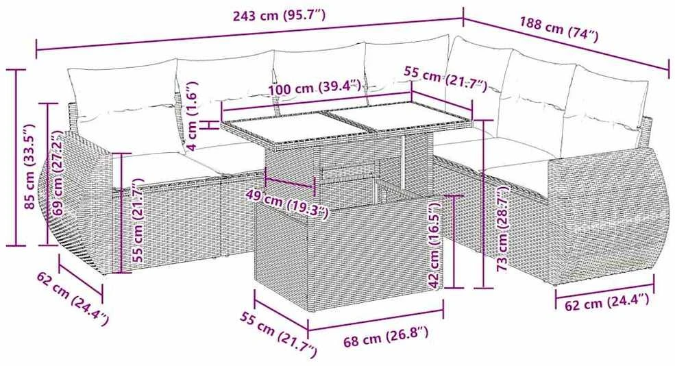 Lauko baldų komplektas Sofos komplektas su pagalvėlėmis, 7 dalių, smėlio, poliratanas