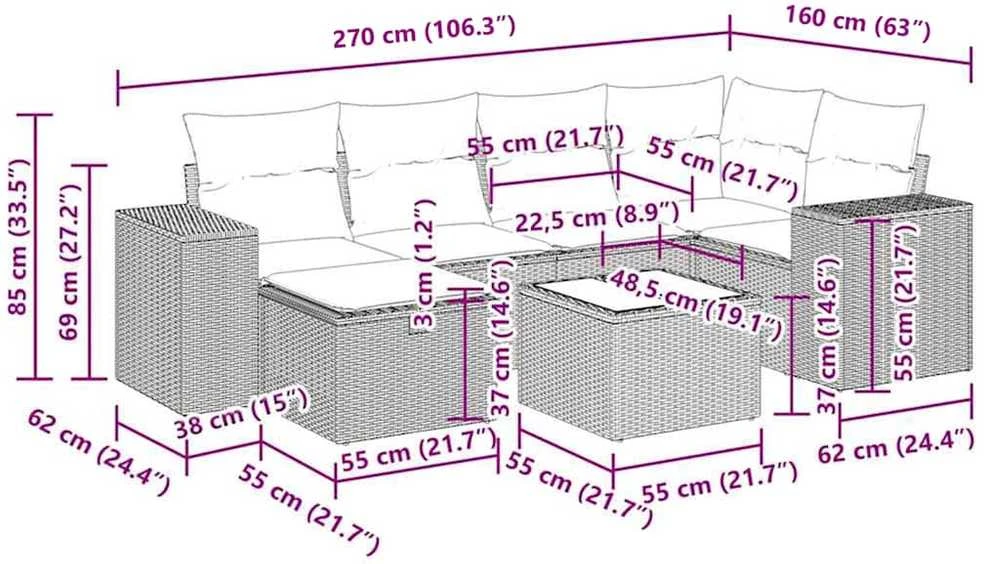 Sofos komplektas su pagalvėlėmis, 7 dalių, juodas, poliratanas