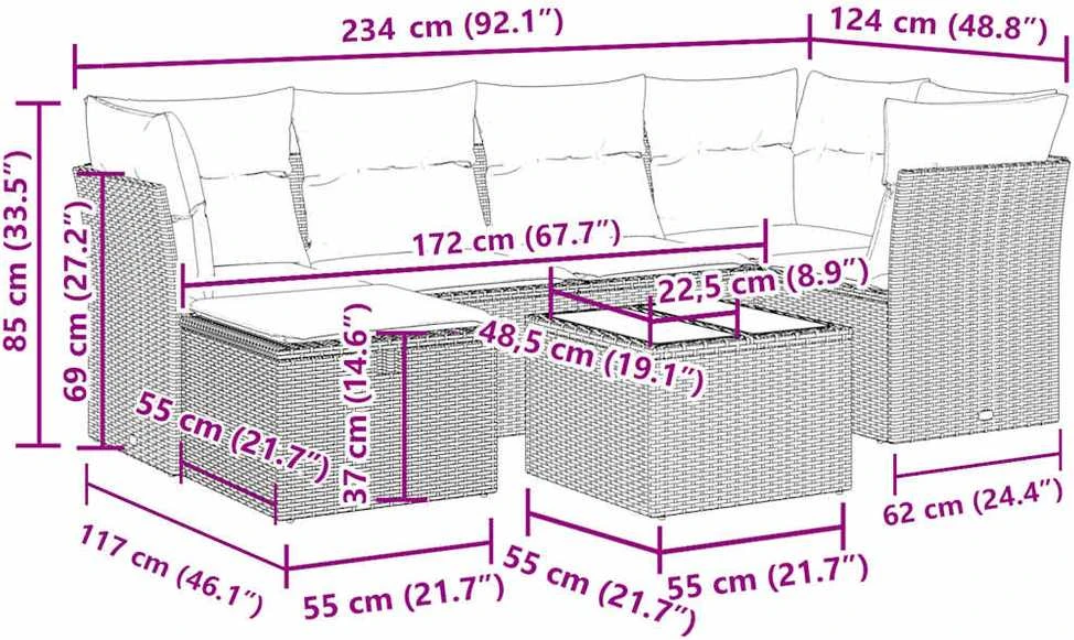 Lauko baldų komplektas Sofos komplektas su pagalvėlėmis, 7 dalių, rudas, poliratanas