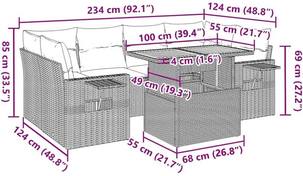 Sofa Sofos komplektas su pagalvėlėmis, 7 dalių, juodas, poliratanas