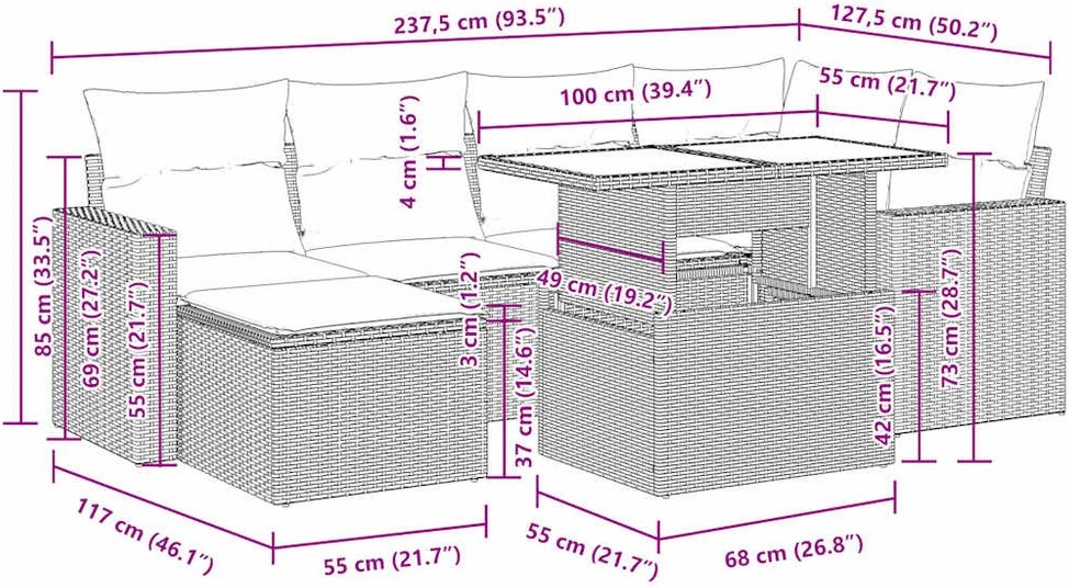 Sofos komplektas su pagalvėlėmis, 7 dalių, smėlio, poliratanas