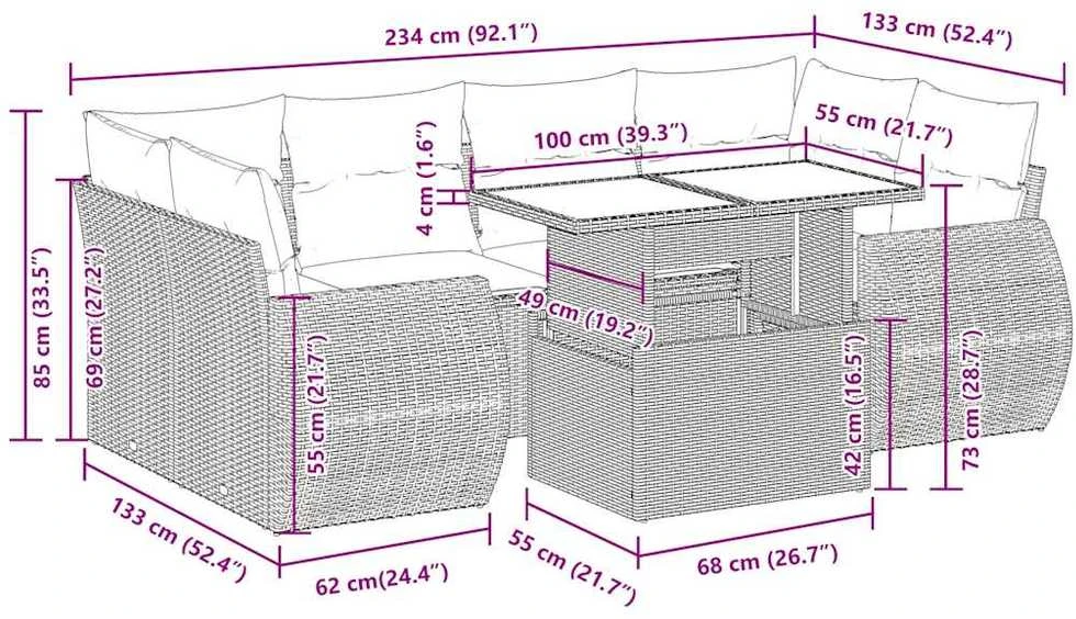 Lauko baldų komplektas Sofos komplektas su pagalvėlėmis, 7 dalių, rudas, poliratanas