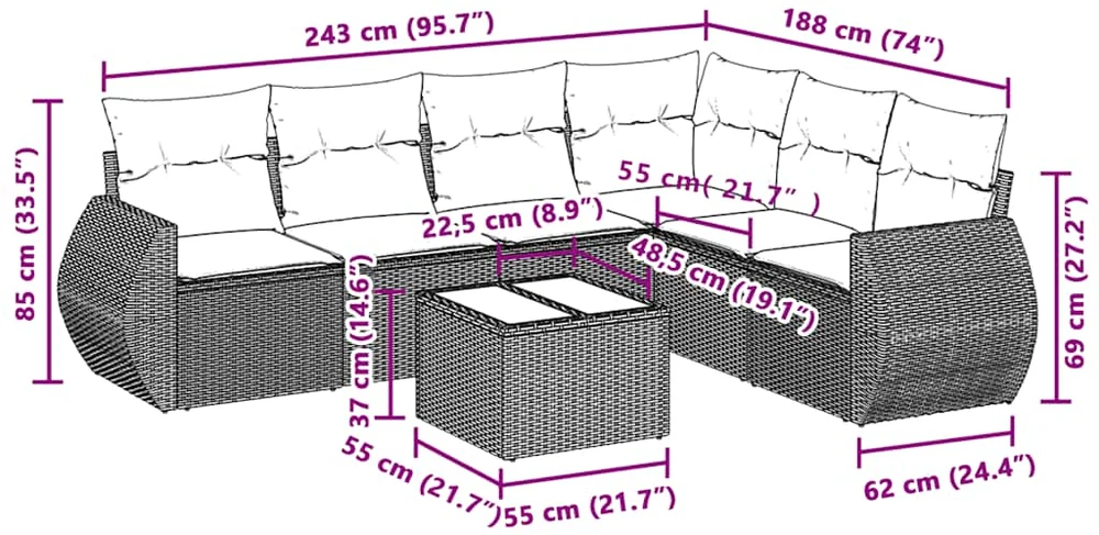 Sofa Sofos komplektas su pagalvėlėmis, 7 dalių, pilkas, poliratanas