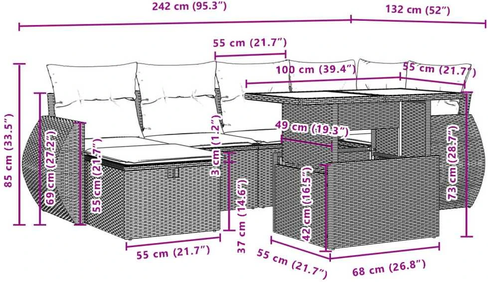 Lauko baldų komplektas Sofos komplektas su pagalvėlėmis, 7 dalių, juodas, poliratanas