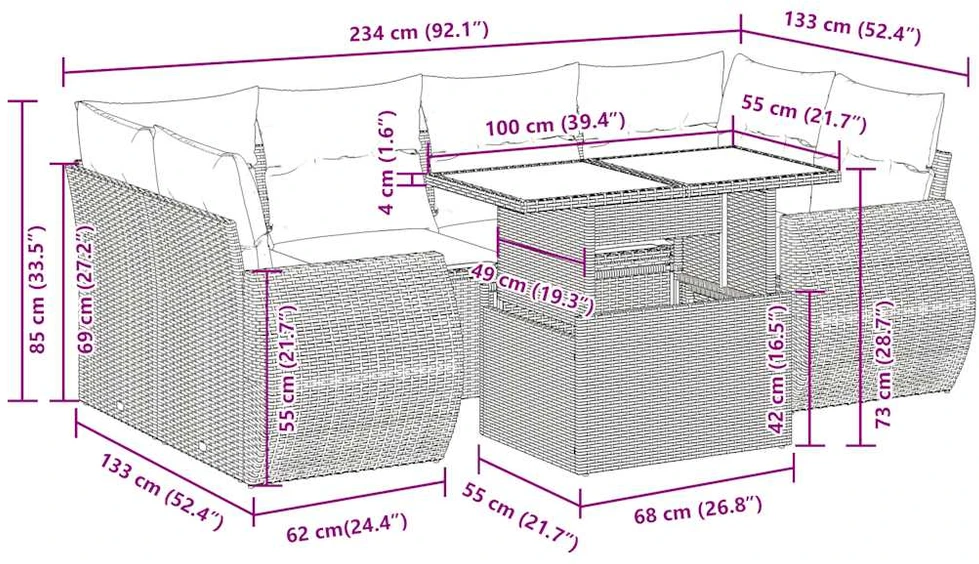 Lauko baldų komplektas Sofos komplektas su pagalvėlėmis, 7 dalių, pilkas, poliratanas