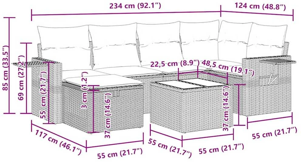 Lauko baldų komplektas Sofos komplektas su pagalvėlėmis, 7 dalių, juodas, poliratanas