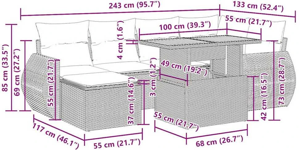 Lauko baldų komplektas Sofos komplektas su pagalvėlėmis, 7 dalių, smėlio, poliratanas