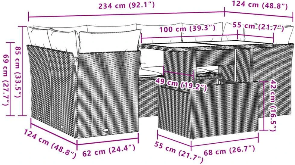 Lauko baldų komplektas Sofos komplektas su pagalvėlėmis, 7 dalių, rudas, poliratanas