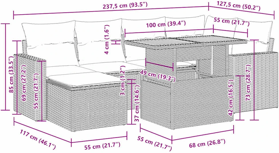 Lauko baldų komplektas Sofos komplektas su pagalvėlėmis, 7 dalių, smėlio, poliratanas