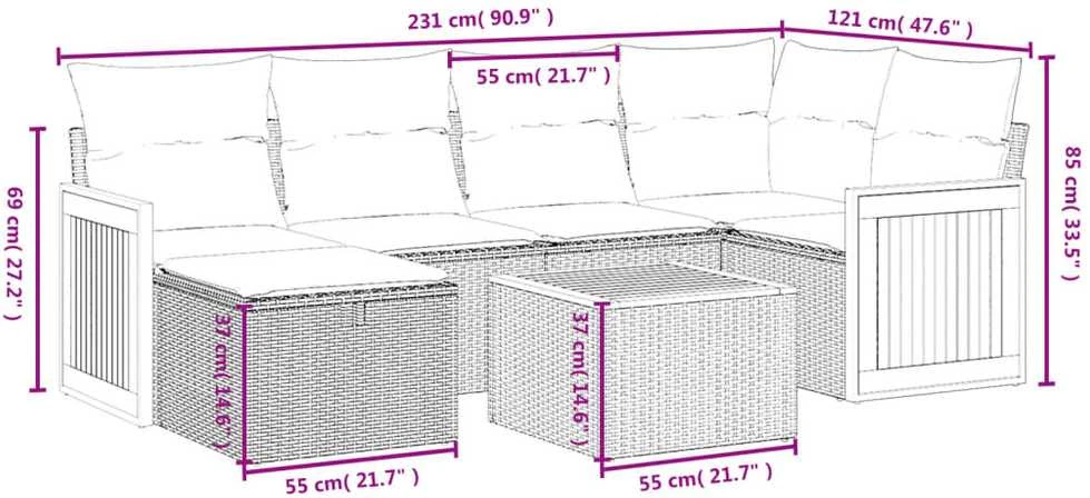 Lauko baldų komplektas Sofos komplektas su pagalvėlėmis, 7 dalių, smėlio, poliratanas