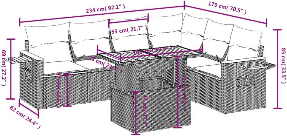 Lauko baldų komplektas Sofos komplektas su pagalvėlėmis, 7 dalių, pilkas, poliratanas