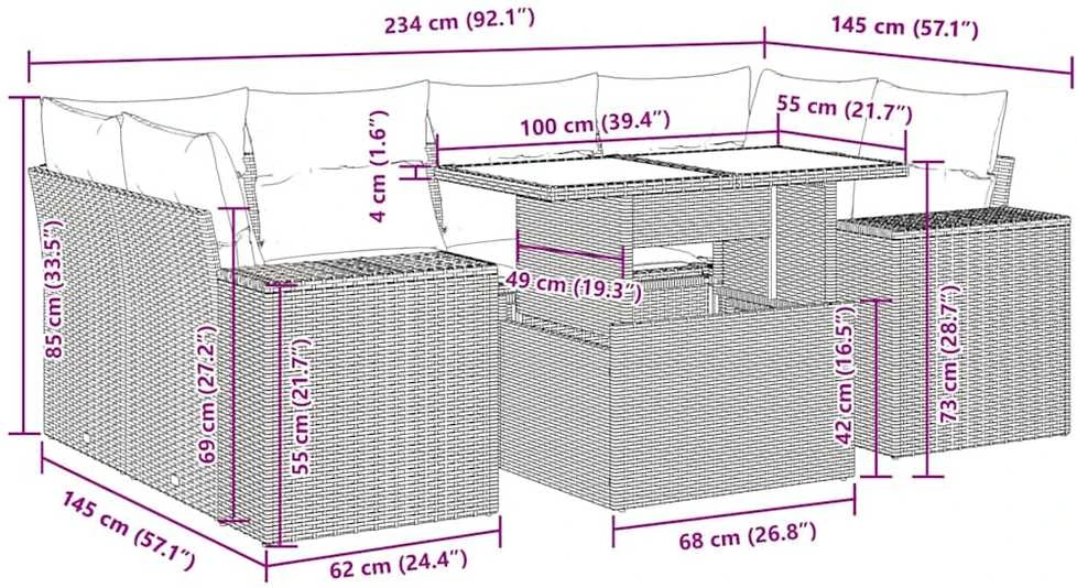 Lauko baldų komplektas Sofos komplektas su pagalvėlėmis, 7 dalių, smėlio, poliratanas